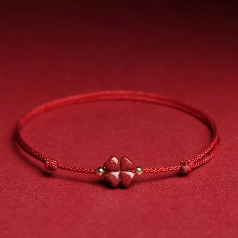Natural Cinnabar Red String Bracelet with Four Leaf Clover Blessing