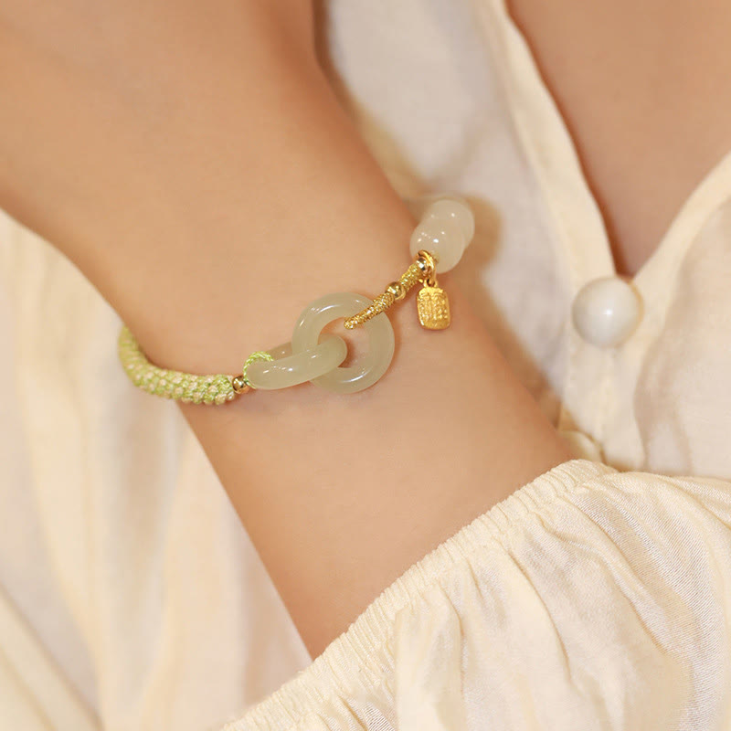 Natural Hetian Jade Double Peace Buckle Bracelet for Abundance