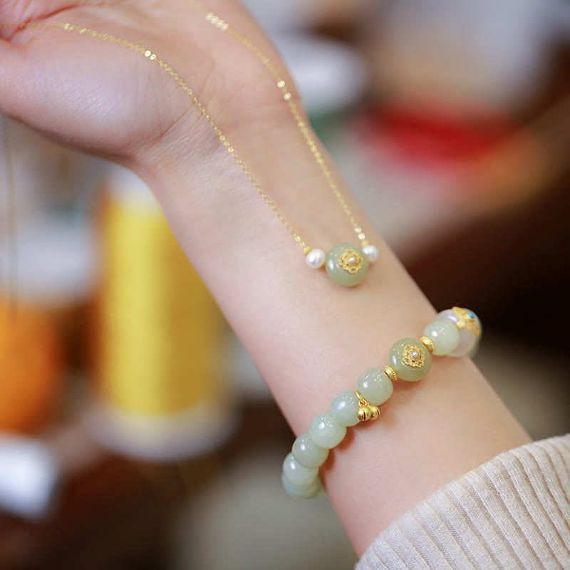 Natural Hetian Jade Luck Bracelet and Necklace Set