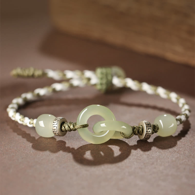 Natural Hetian Jade Peace Buckle Braided Bracelet