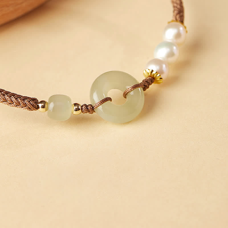 Natural Hetian Jade Pearl Peace Buckle Luck Bracelet
