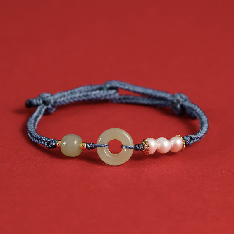 Natural Hetian Jade Pearl Peace Buckle Luck Bracelet