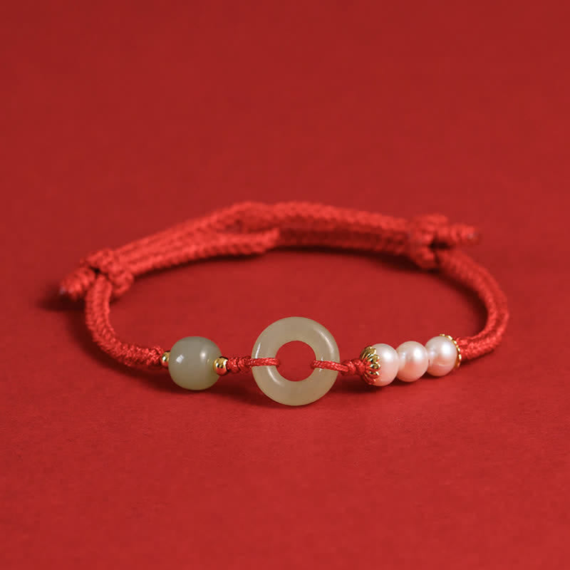 Natural Hetian Jade Pearl Peace Buckle Luck Bracelet