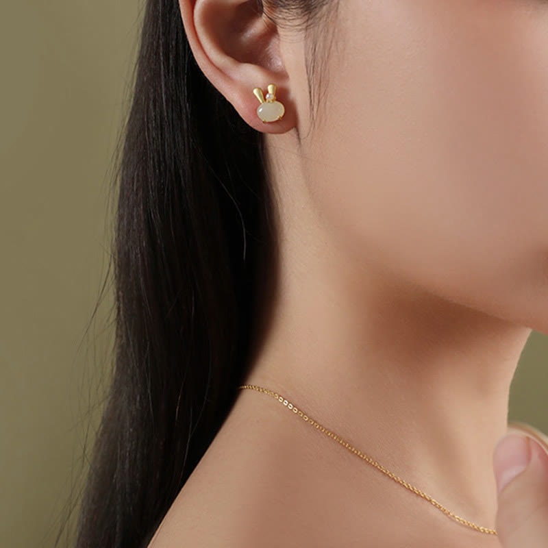 Natural Hetian Jade Rabbit Pearl Earrings