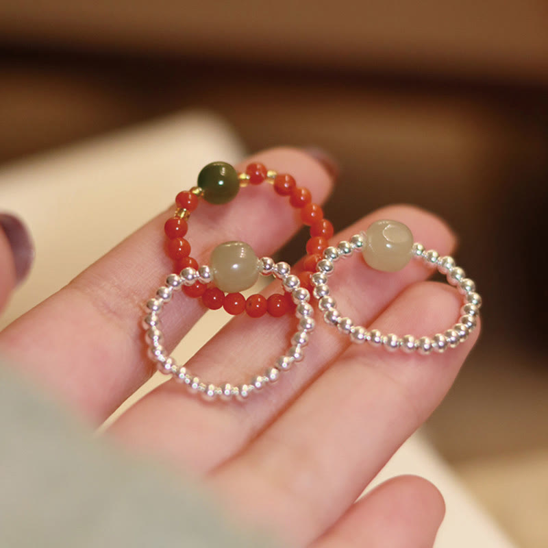 Natural Hetian Jade, Red Agate & Pearl Elastic Ring