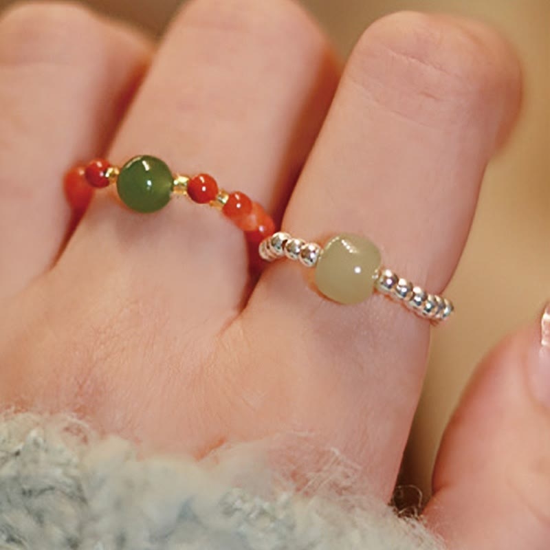 Natural Hetian Jade, Red Agate & Pearl Elastic Ring