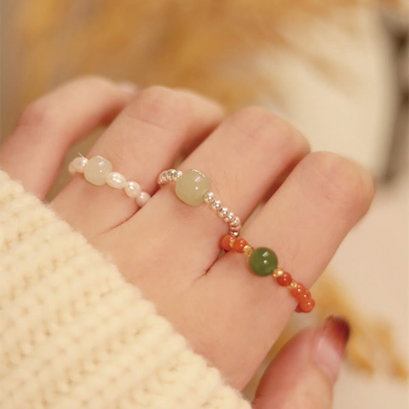 Natural Hetian Jade, Red Agate & Pearl Elastic Ring