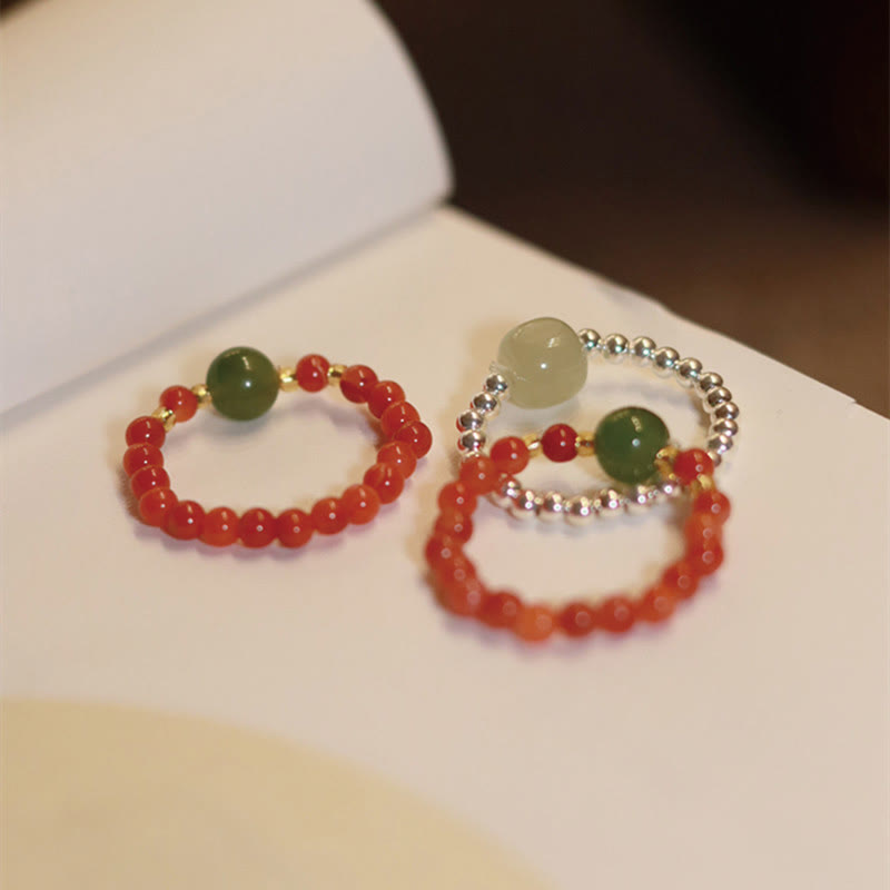 Natural Hetian Jade, Red Agate & Pearl Elastic Ring