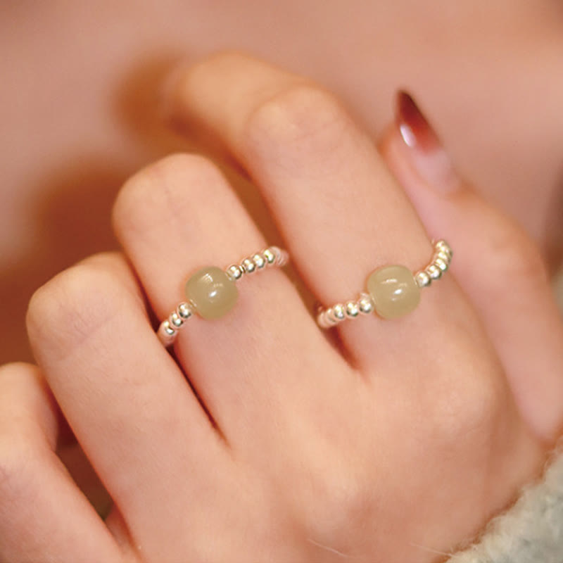 Natural Hetian Jade, Red Agate & Pearl Elastic Ring