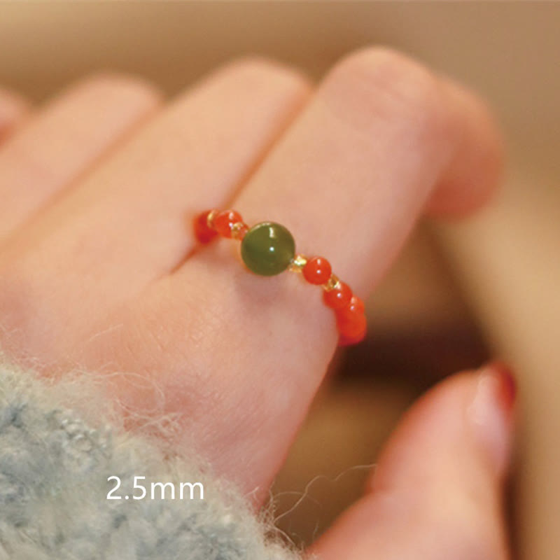 Natural Hetian Jade, Red Agate & Pearl Elastic Ring