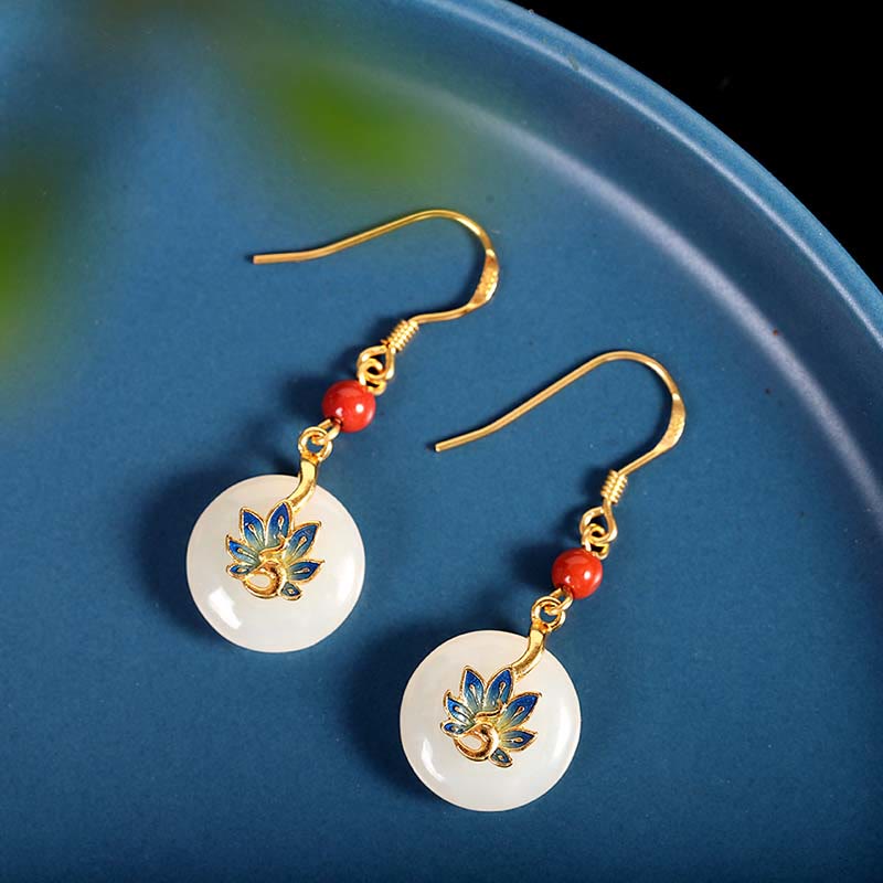 Natural Hetian White Jade Jewelry Set with Sterling Silver Blessing Peacock