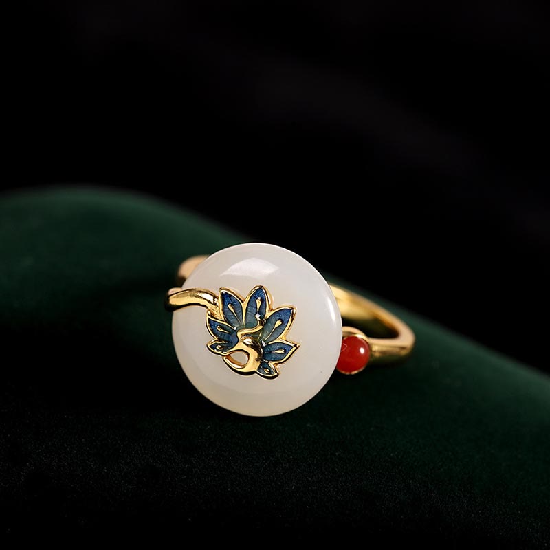 Natural Hetian White Jade Jewelry Set with Sterling Silver Blessing Peacock