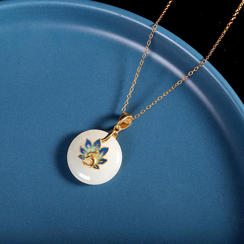 Natural Hetian White Jade Jewelry Set with Sterling Silver Blessing Peacock