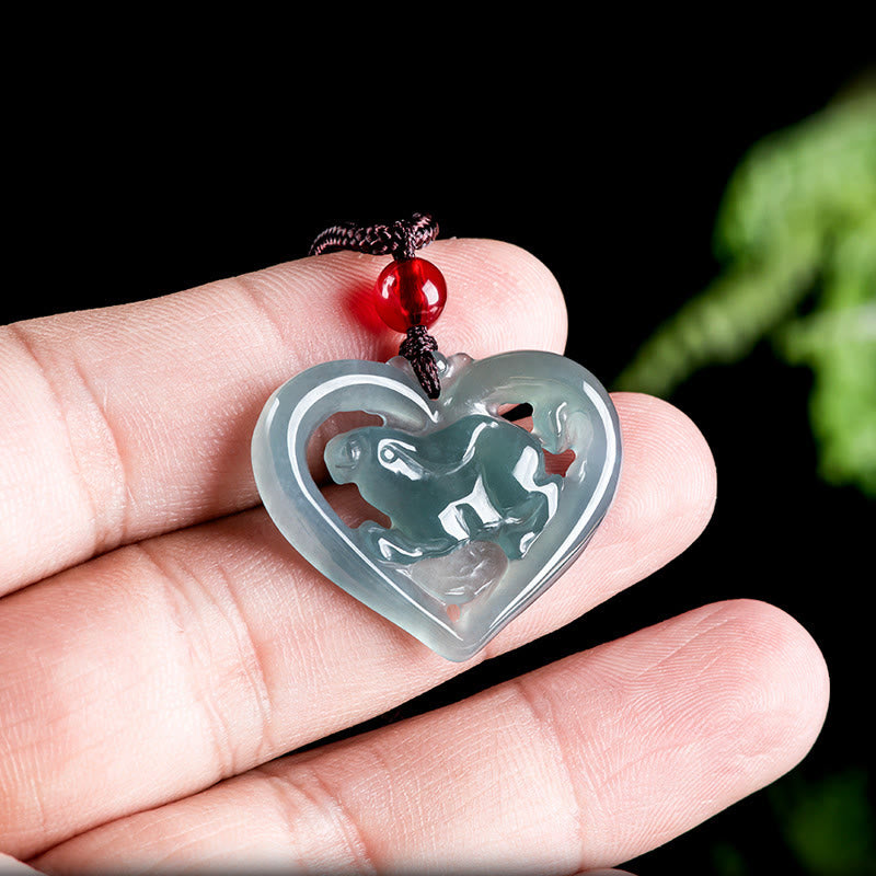 Natural Jade Love Heart Rabbit Luck Necklace Pendant