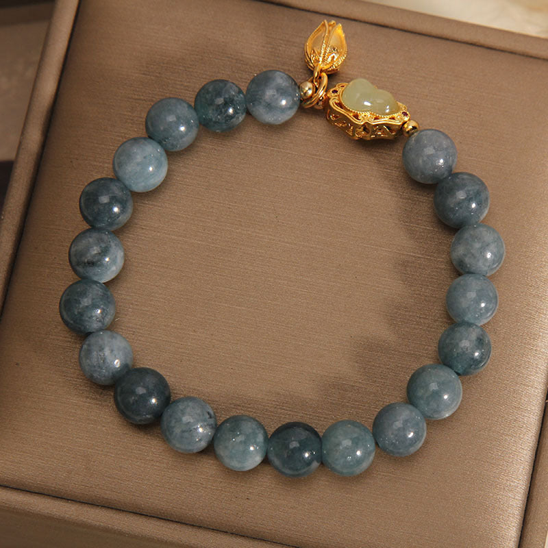Natural Jade Luck Bracelet with Gourd Tulip Charm 14-16cm