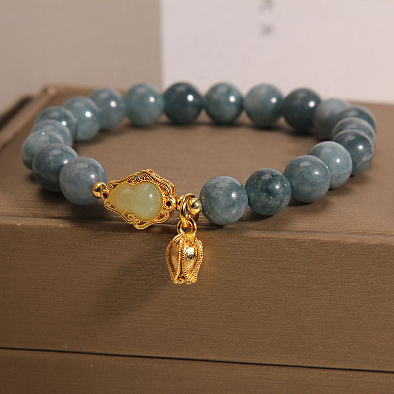 Natural Jade Luck Bracelet with Gourd Tulip Charm 14-16cm