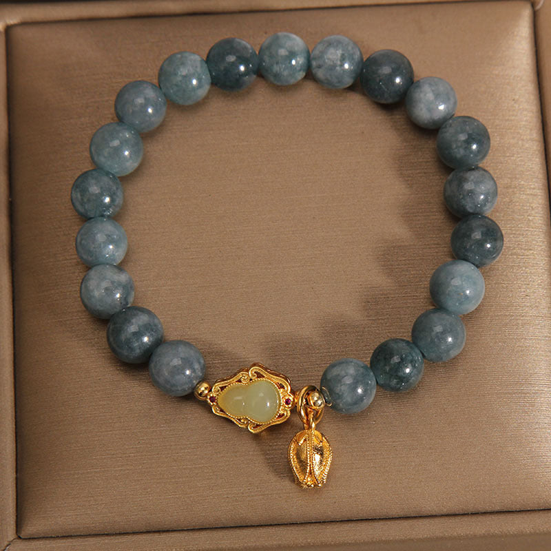 Natural Jade Luck Bracelet with Gourd Tulip Charm 14-16cm