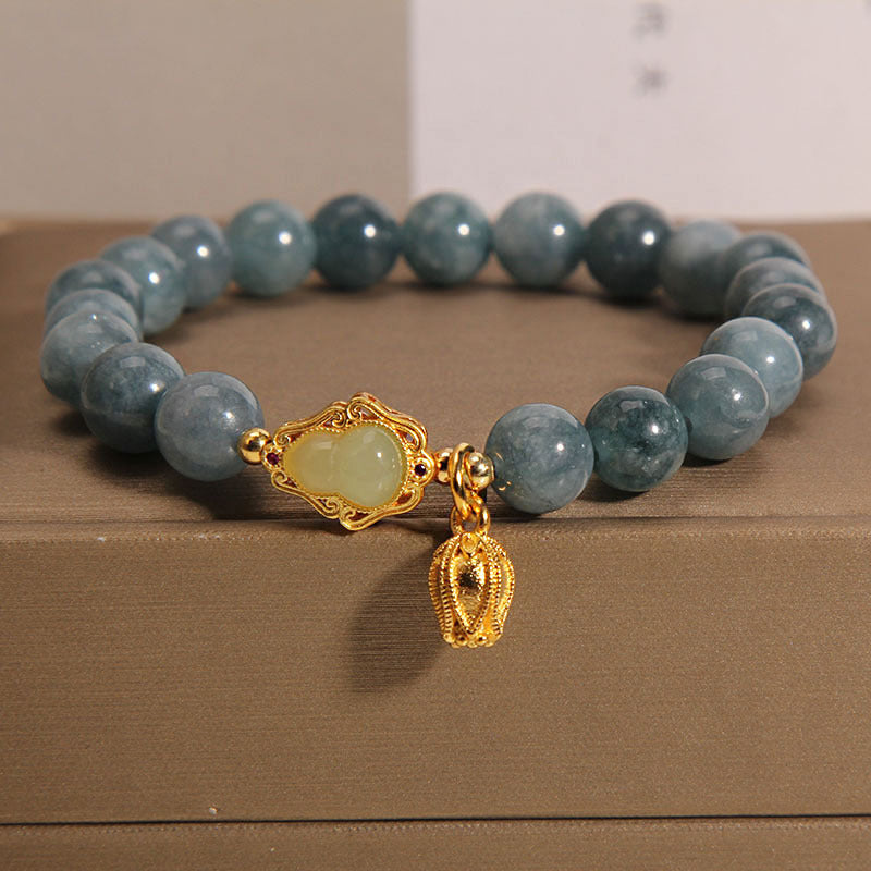 Natural Jade Luck Bracelet with Gourd Tulip Charm 14-16cm