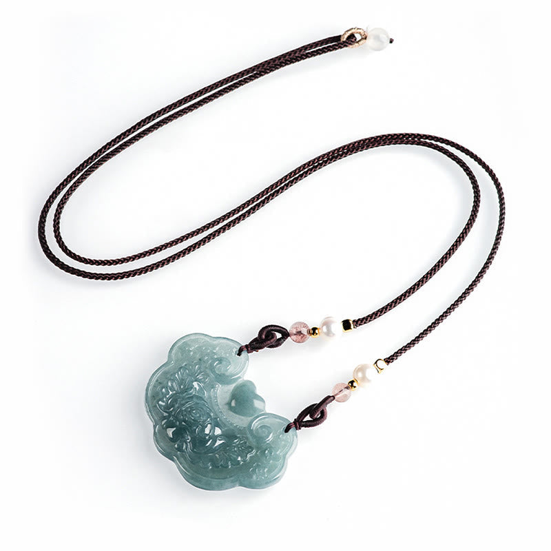 Natural Jade Peony Flower Prosperity Necklace Pendant 32.5mm