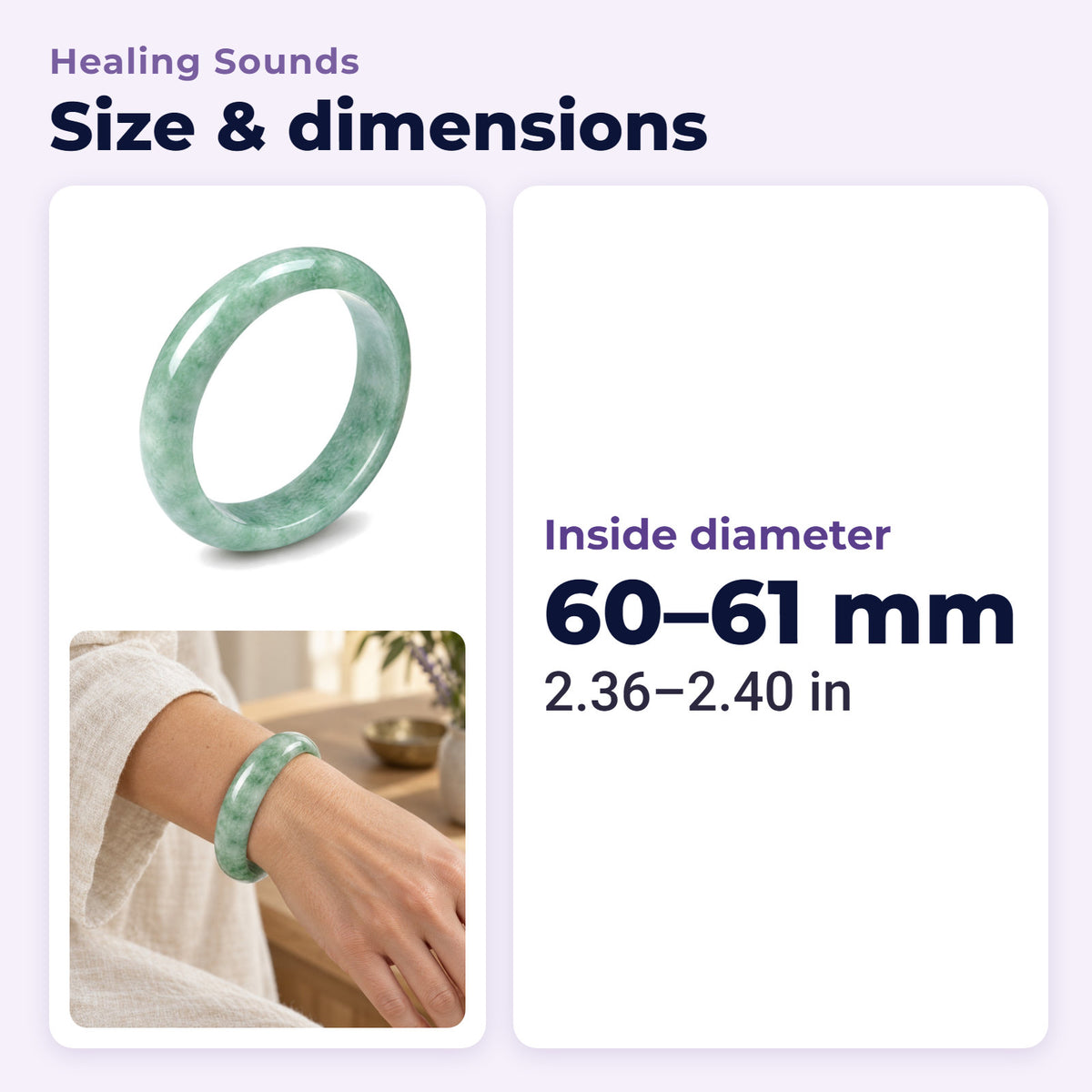 Natural Jade Prosperity Bangle Bracelet 60-61mm, size and dimensions in millimetres and inches