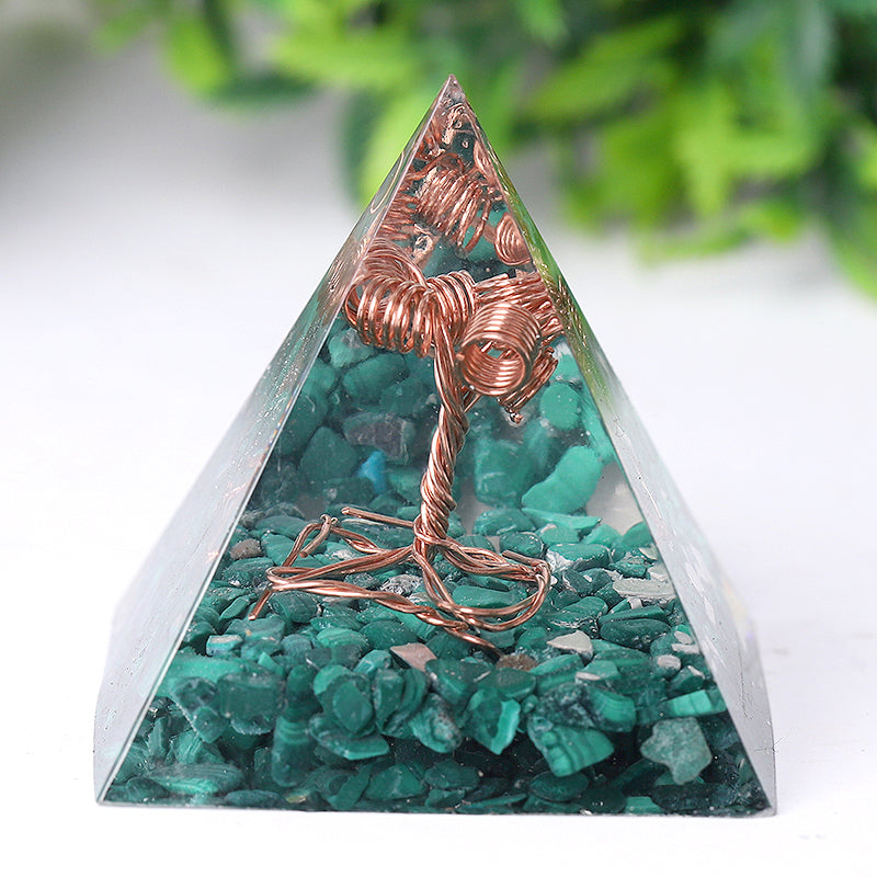 Natural Malachite Tree of Life Resin Pyramid Crystal Healing Sculpture
