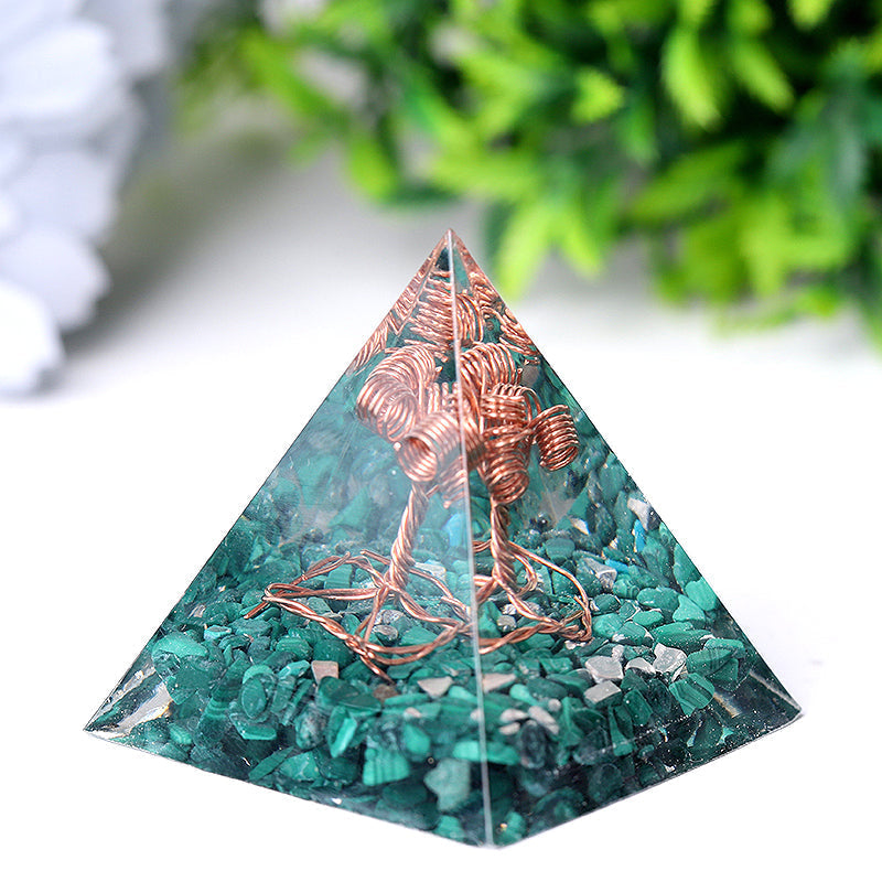 Natural Malachite Tree of Life Resin Pyramid Crystal Healing Sculpture