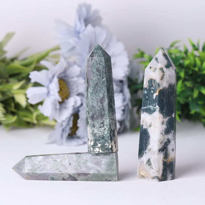 Natural Moss Agate Crystal Tower 2.4-4.5 Inch Healing Point