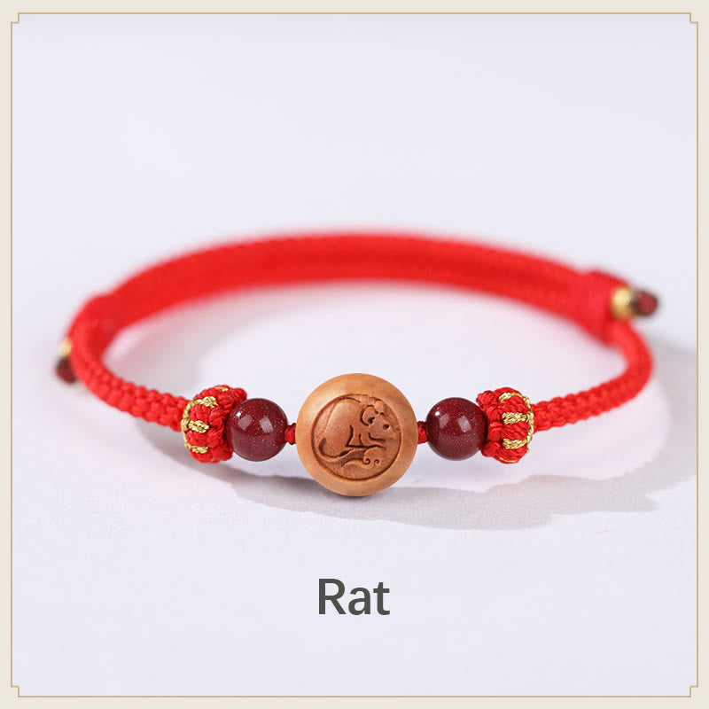 Natural Peach Wood Chinese Zodiac Fu Cinnabar Wealth Bracelet