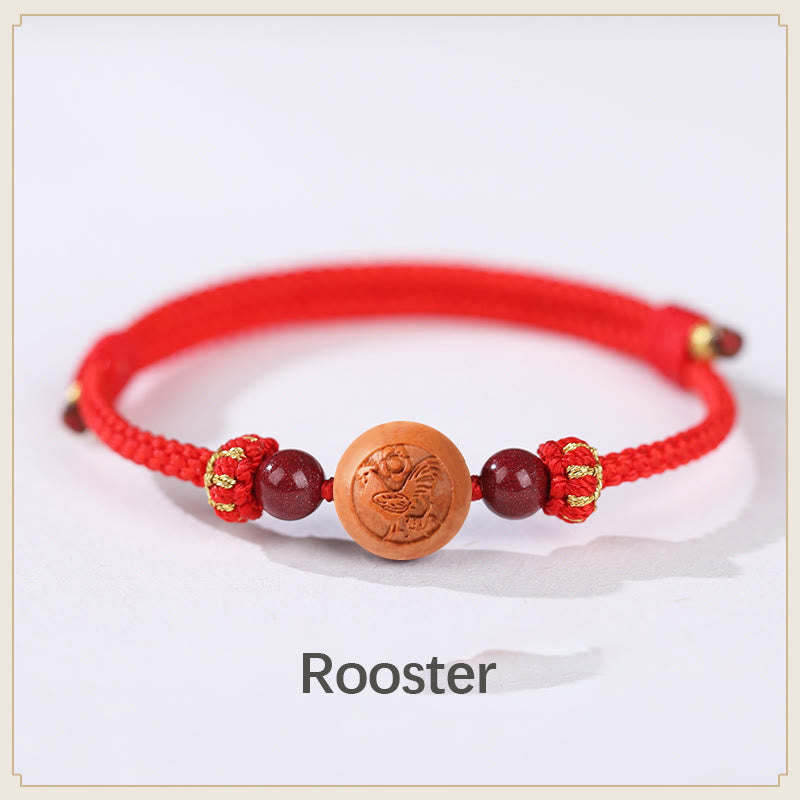 Natural Peach Wood Chinese Zodiac Fu Cinnabar Wealth Bracelet