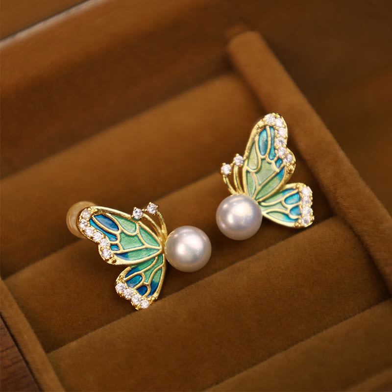Natural Pearl Butterfly Healing Stud Earrings with Sterling Silver Posts