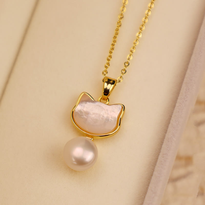 Natural Pearl Copper Cat Healing Necklace & Earrings Set