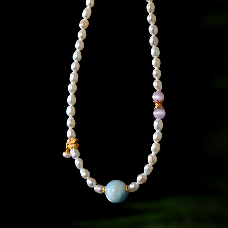 Natural Pearl Larimar Sincerity Necklace 40cm | Healing Sounds