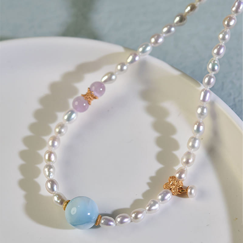 Natural Pearl Larimar Sincerity Necklace 40cm | Healing Sounds