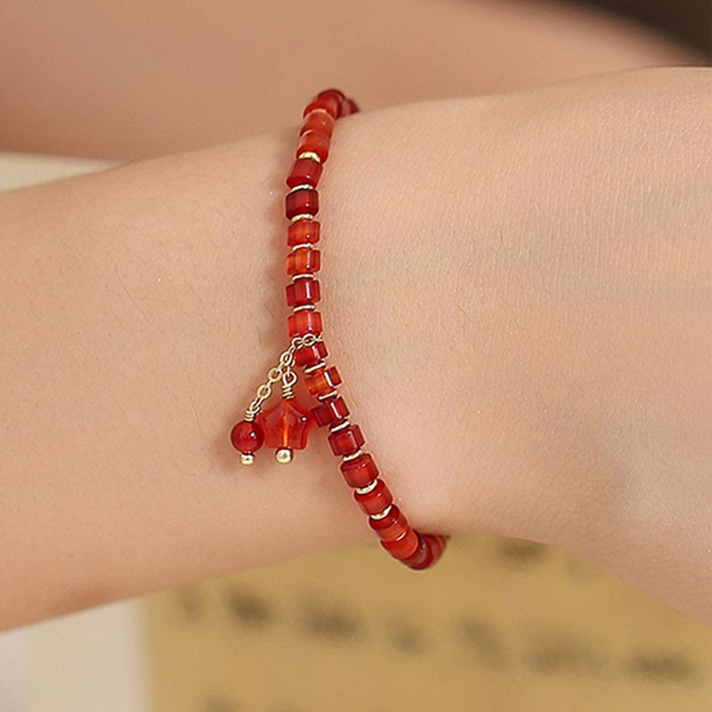 Natural Red Agate Confidence Bracelet with Four Leaf Clover & Star Charm