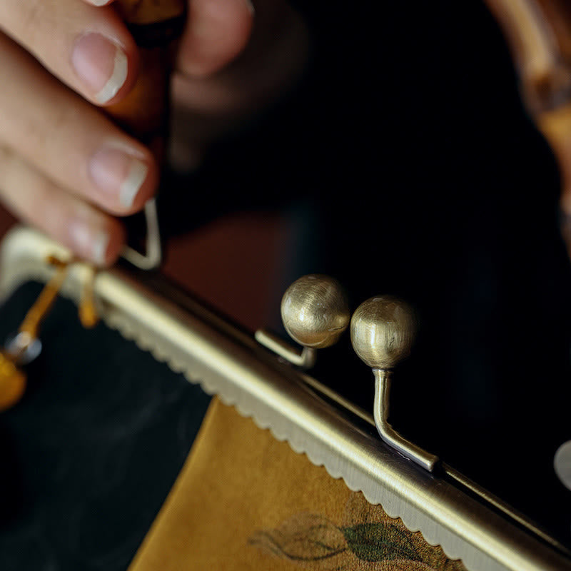 Nature-Inspired Bamboo Handle Bag with Leaves and Bird Design