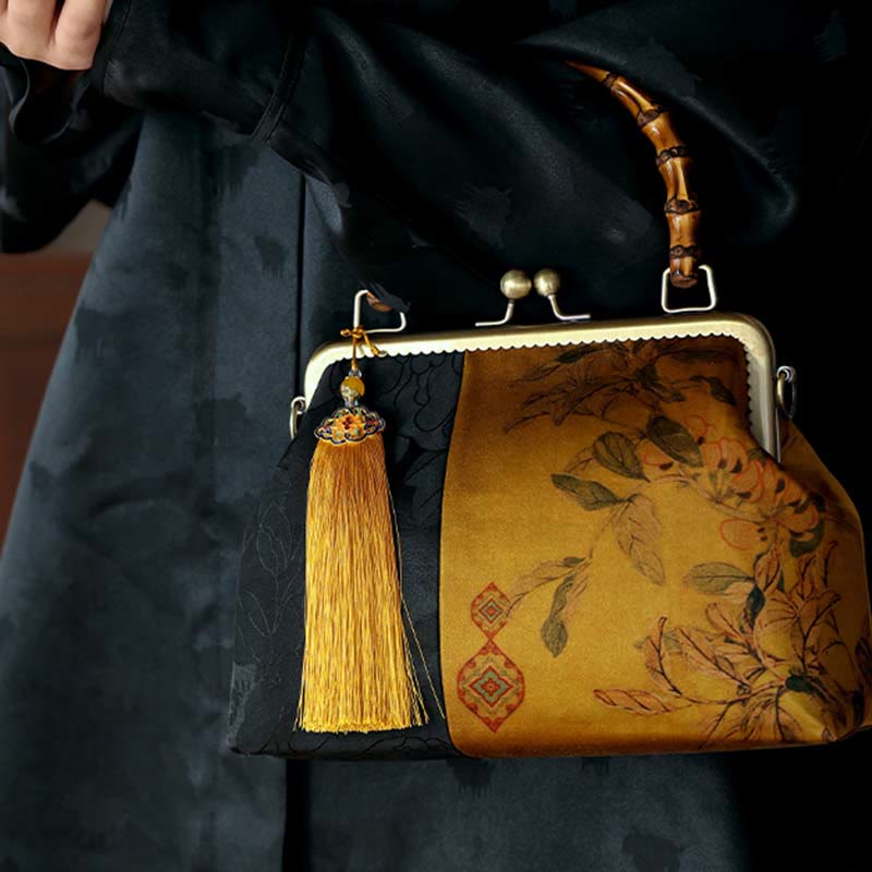 Nature-Inspired Bamboo Handle Bag with Leaves and Bird Design