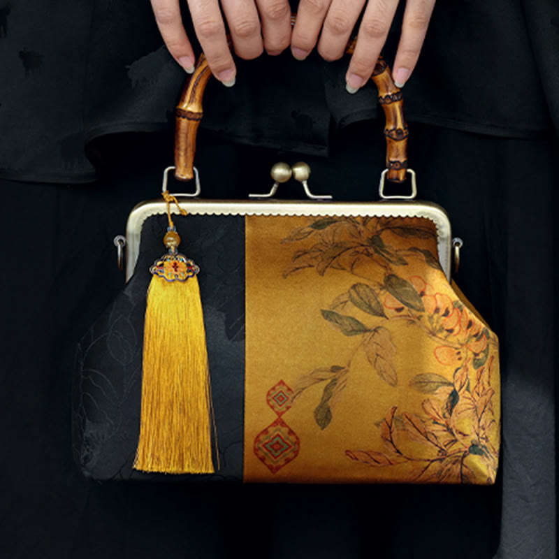 Nature-Inspired Bamboo Handle Bag with Leaves and Bird Design