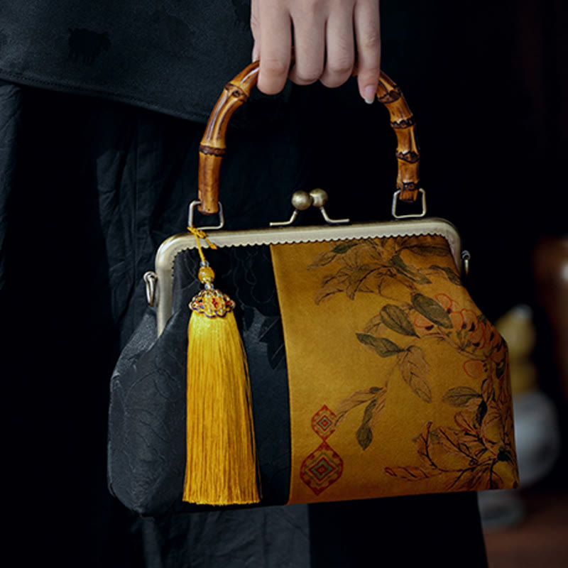 Nature-Inspired Bamboo Handle Bag with Leaves and Bird Design
