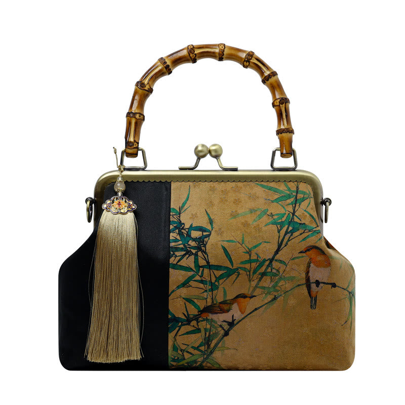 Nature-Inspired Bamboo Handle Bag with Leaves and Bird Design
