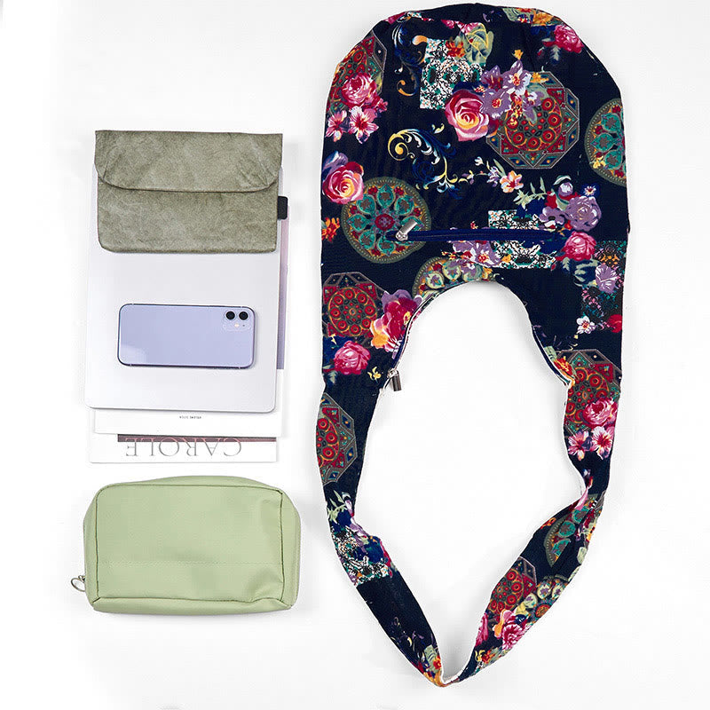 Navy Blue Cotton Flower Pattern Crossbody Bag Shoulder Purse