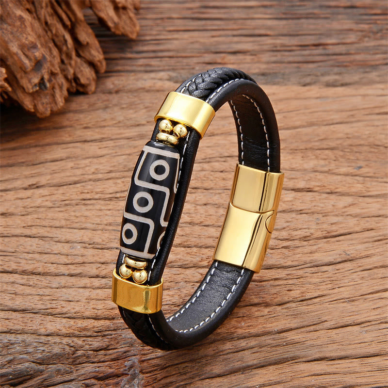 Nine-Eye Dzi Bead Agate Bracelet with Adjustable Leather Buckle