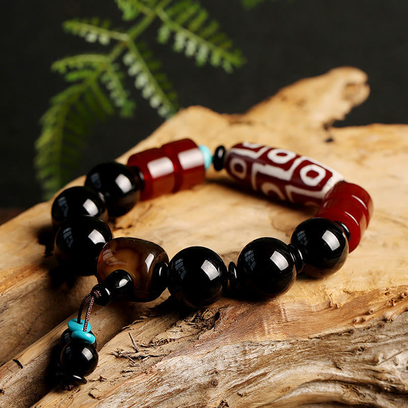 Nine-Eye Dzi Bead & Black Onyx Obsidian Bracelet for Protection