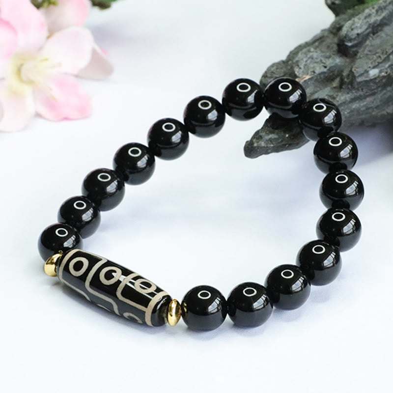 Nine-Eye Dzi Bead Black Onyx Obsidian Bracelet for Protection