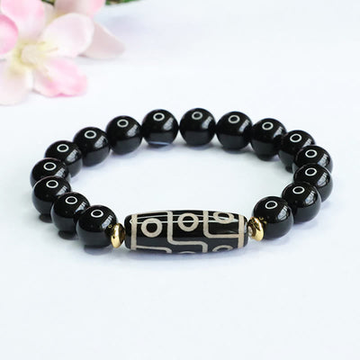 Nine-Eye Dzi Bead Black Onyx Obsidian Bracelet for Protection