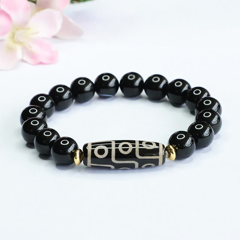 Nine-Eye Dzi Bead Black Onyx Obsidian Bracelet for Protection