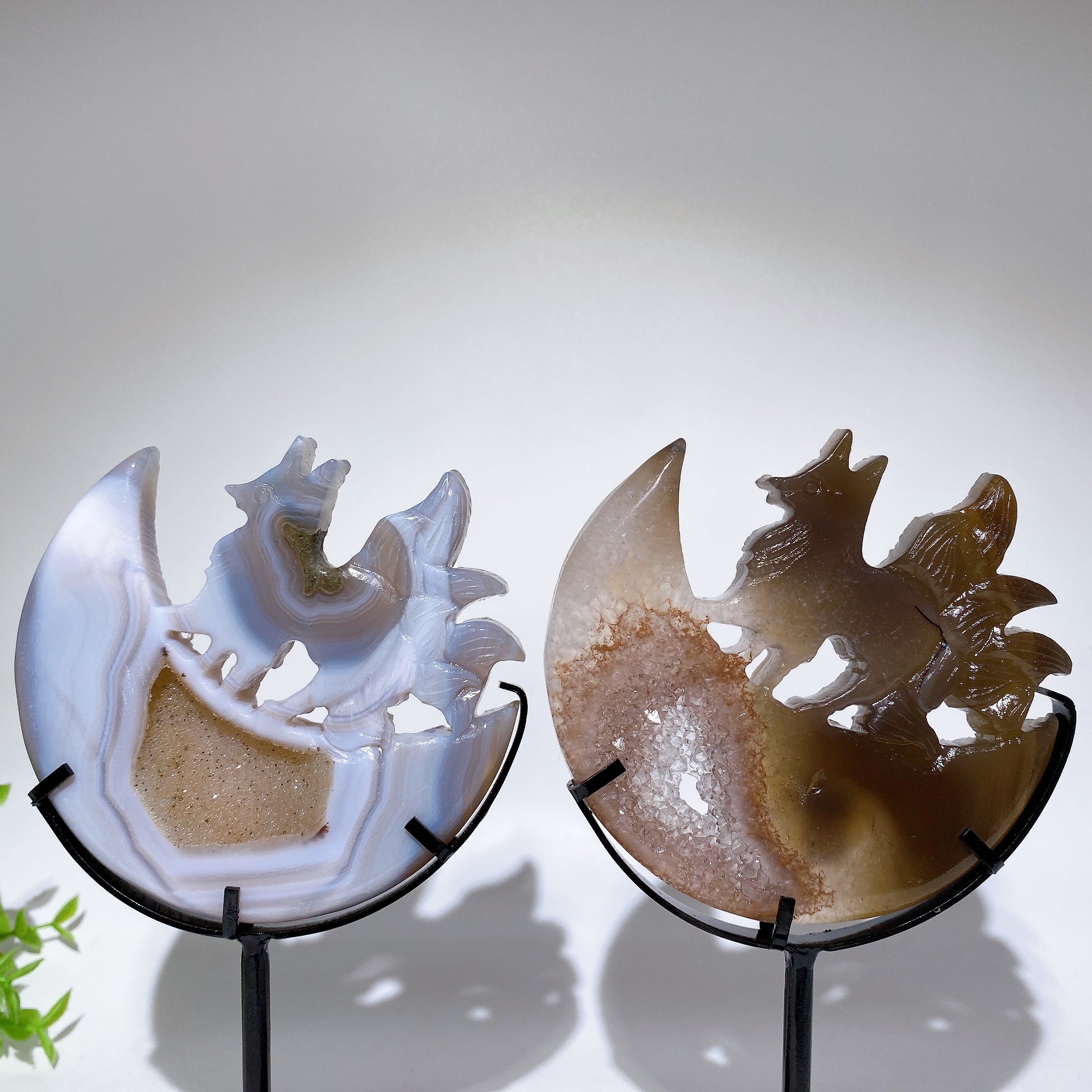 Nine-Tails Fox Crystal Carving with Moon Stand 4-inch