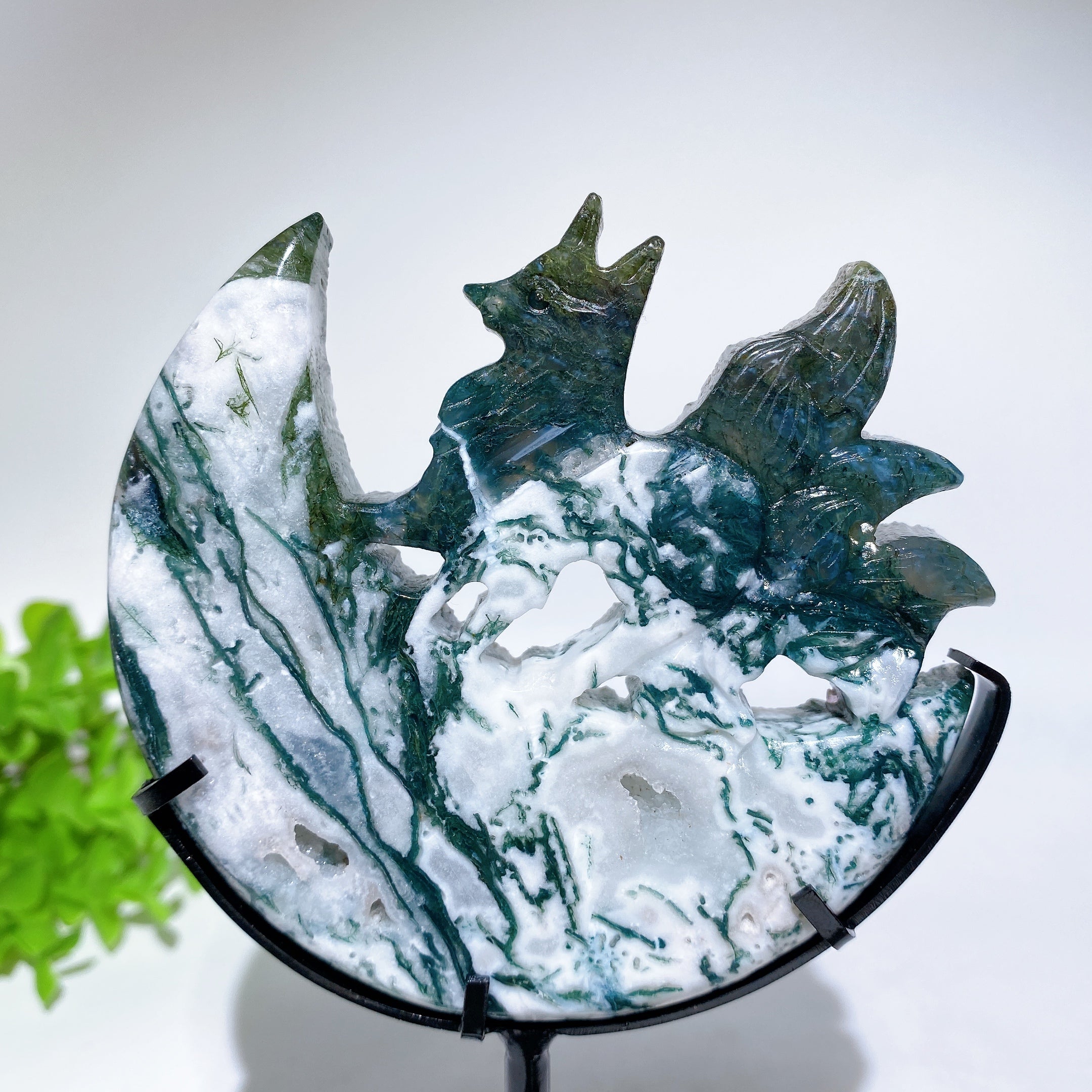 Nine-Tails Fox Crystal Carving with Moon Stand 4-inch