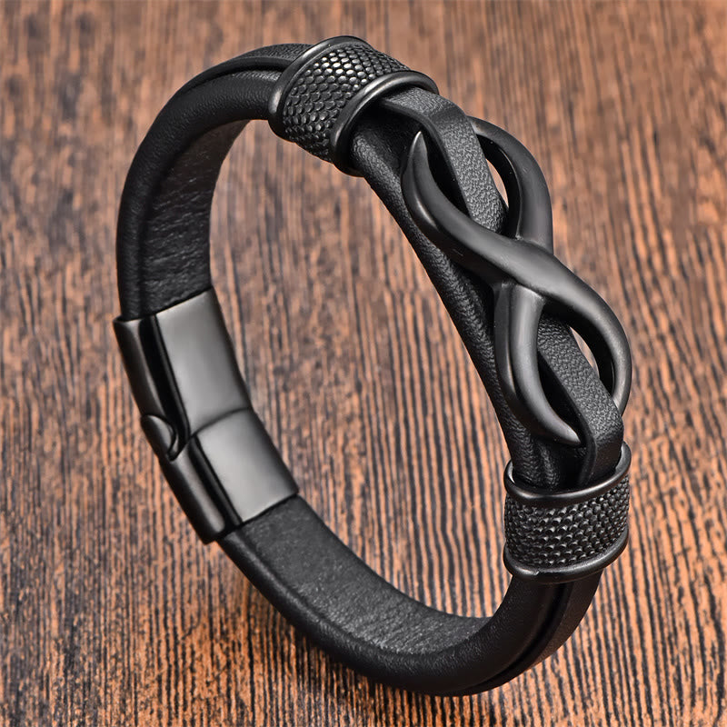 Obsidian Bracelet Titanium Steel Leather Black Infinity Knot