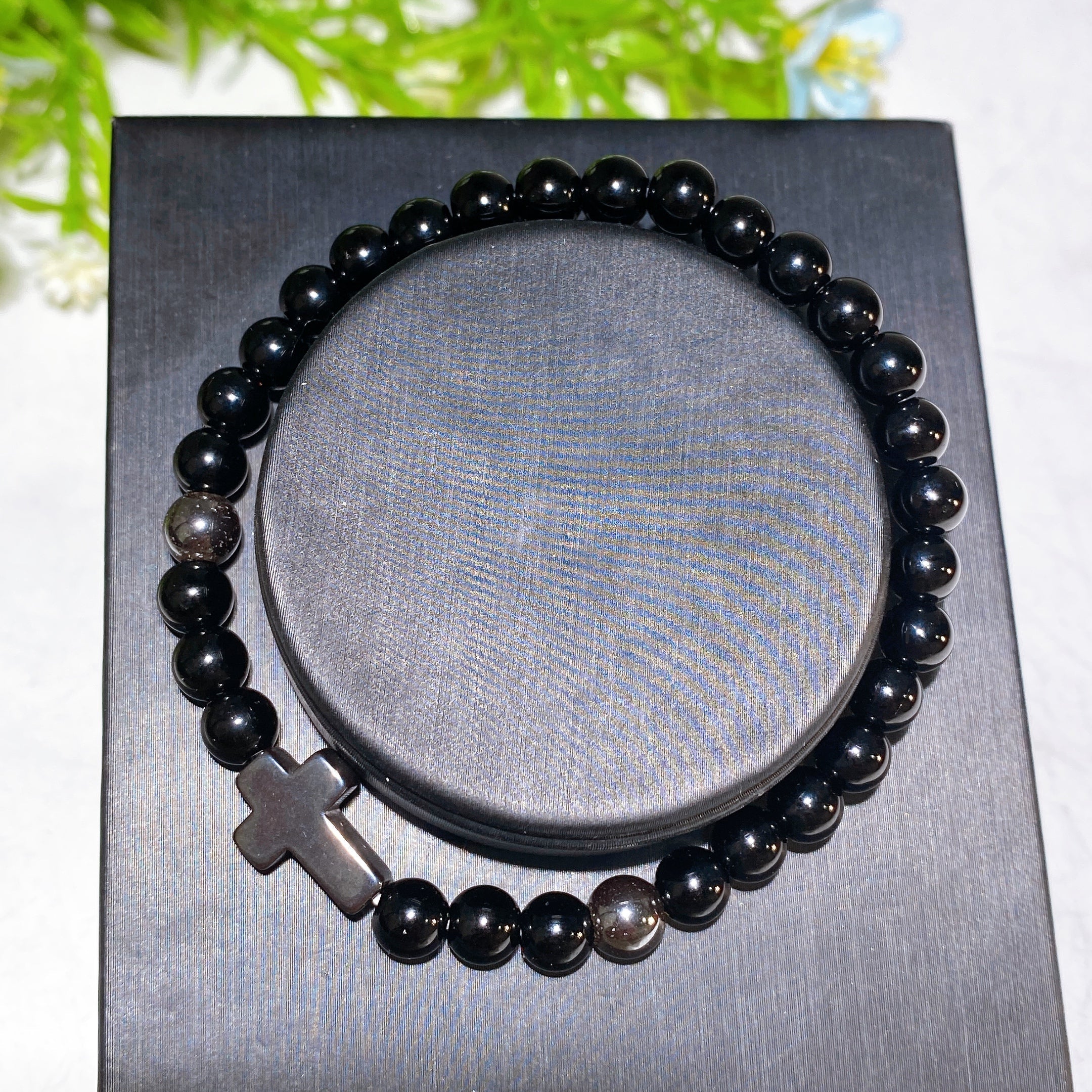 Obsidian Cross Adjustable Crystal Healing Bracelet 6mm & 10mm
