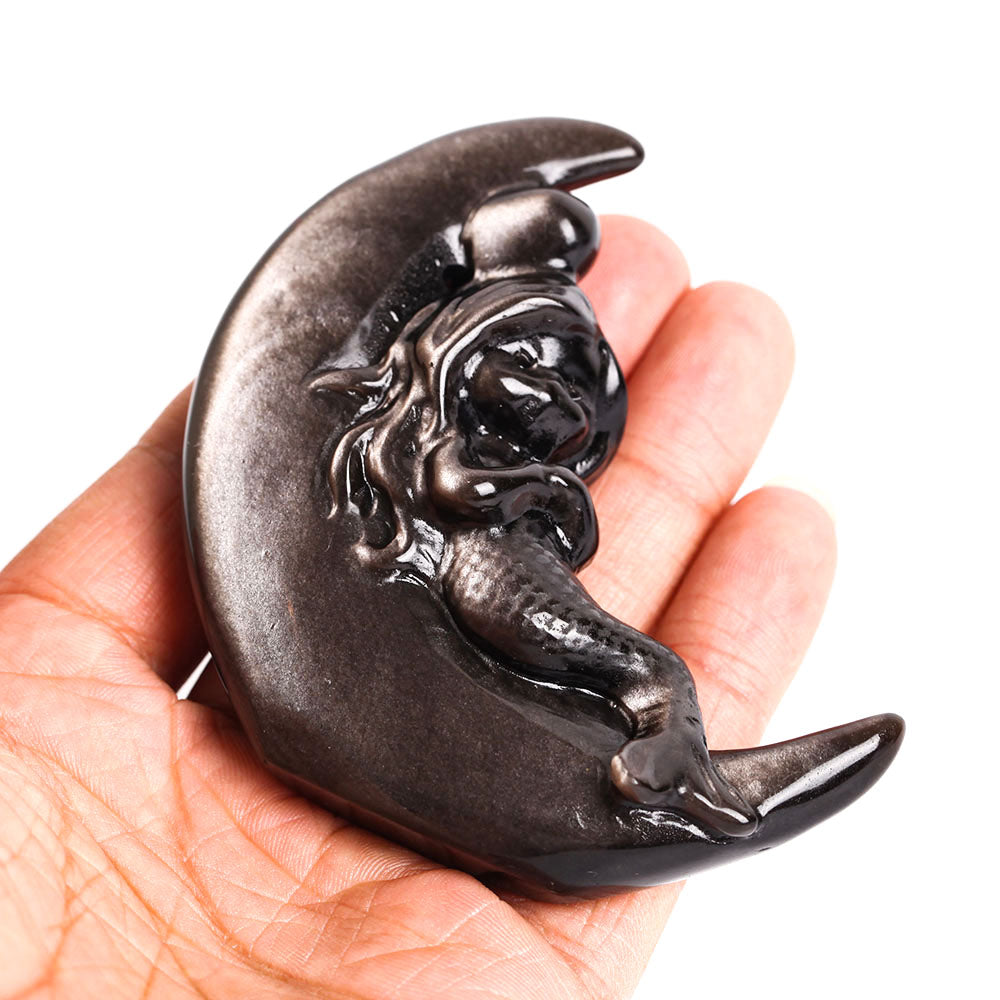Obsidian Moon Crystal Figurine with Mermaid Carving 3.4 inch